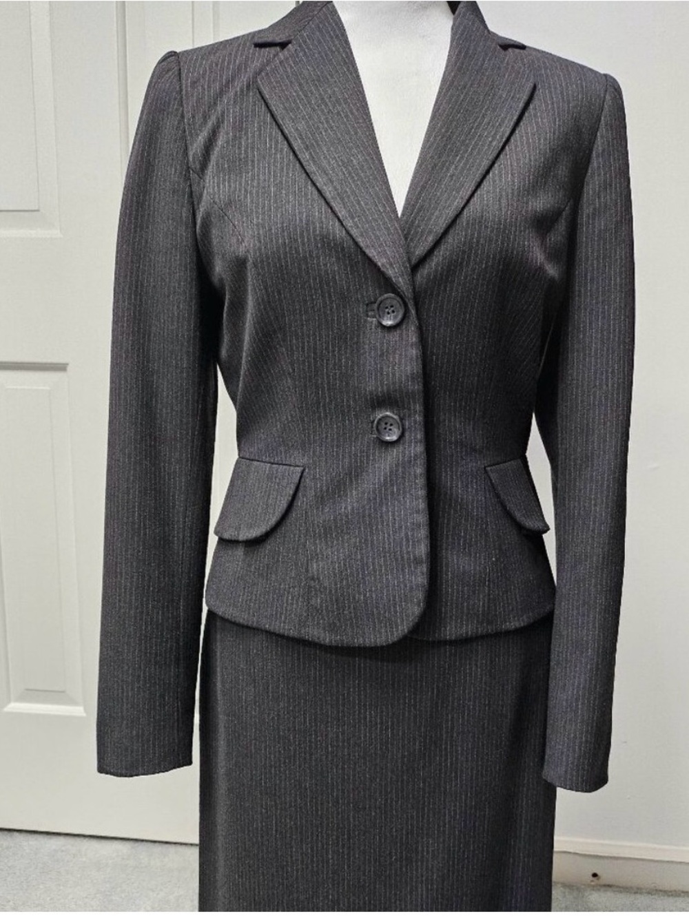 Dark Grey Tahari Pinstripe Skirt Suit Set